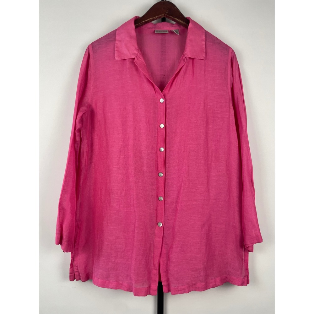 Chicos Hot Pink Linen Silk Lightweight Button Down Tunic Shirt Size 1 Medium